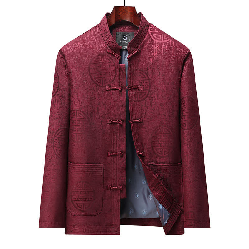 Buddha Stones Chaquetas de hombre de estilo vintage Tang con botones de rana y estampado geométrico, ideales para otoño e invierno. - Carmesí - US/UK/AU44, EU54 (4XL) - image 11