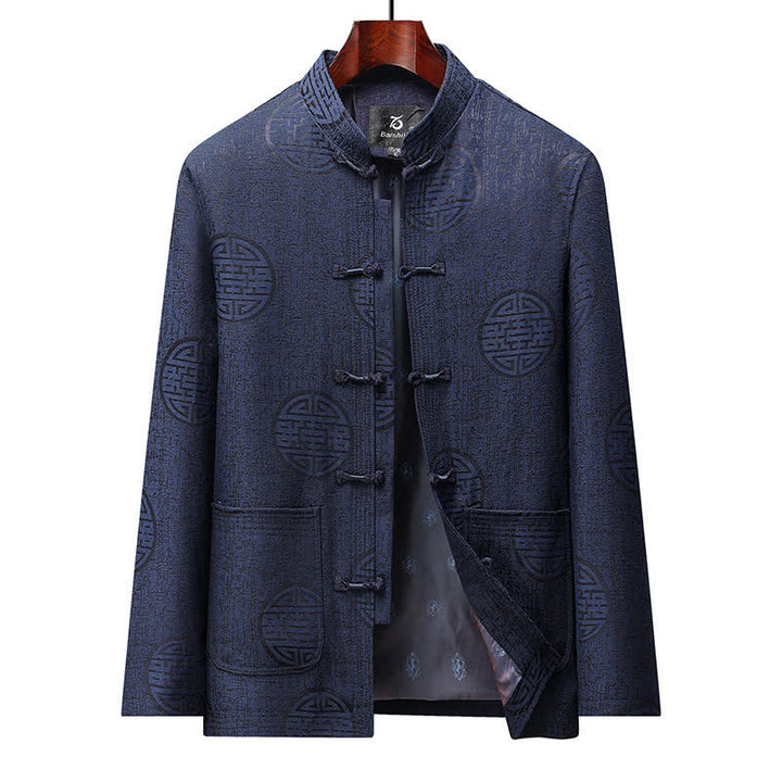 Buddha Stones Chaquetas de hombre de estilo vintage Tang con botones de rana y estampado geométrico, ideales para otoño e invierno. - Marina de guerra - US/UK/AU44, EU54 (4XL) - image 0