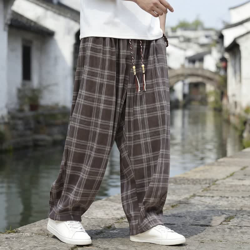 Buddha Stones Pantalones tobilleros a cuadros estilo vintage con cordón ajustable para hombre, estilo harem, con bolsillo, ideales para otoño e invierno. - image 1