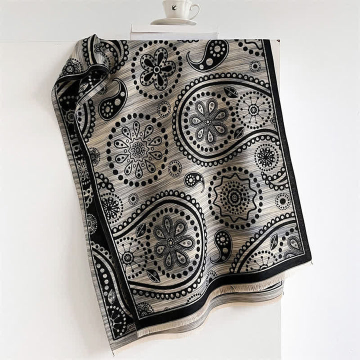Buddha Stones Chal con borlas de estampado floral paisley barroco otoñal color anacardo - Gris negro - 190*70 cm - image 6