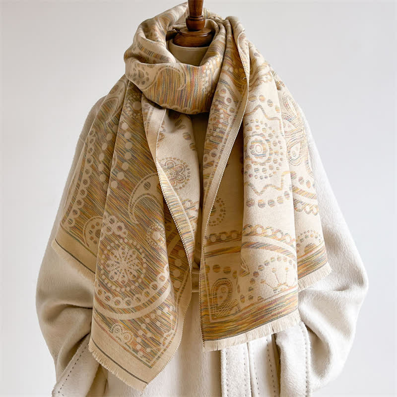 Buddha Stones Chal con borlas de estampado floral paisley barroco otoñal color anacardo - image 13