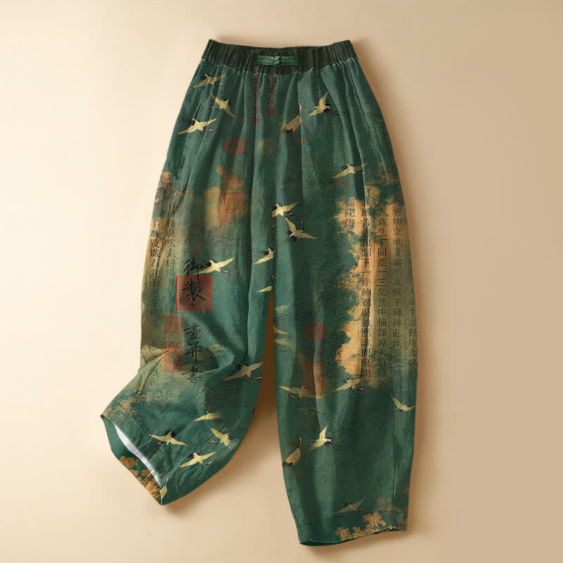Buddha Stones Pantalones harem de mujer con cintura elástica y bolsillos, estampado de caligrafía vintage de grullas, de algodón puro. - Verdemar - US16，UK/AU20，EU48 (3XL) - image 0