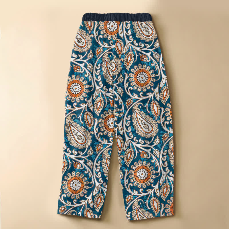 Buddha Stones Pantalones harem de algodón puro con estampado floral bohemio de cachemir, botones de rana, cintura elástica y bolsillos para mujer. - image 1