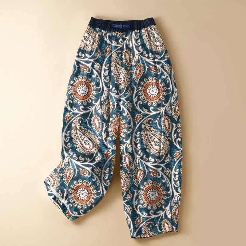 Buddha Stones Pantalones harem de algodón puro con estampado floral bohemio de cachemir, botones de rana, cintura elástica y bolsillos para mujer. - Azul acero - US16，UK/AU20，EU48 (3XL) - image 0