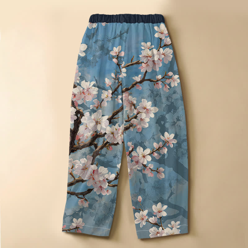 Buddha Stones Pantalones harem de algodón puro con estampado vintage de ramas de cerezo, botones de rana y cintura elástica para mujer con bolsillos. - image 1