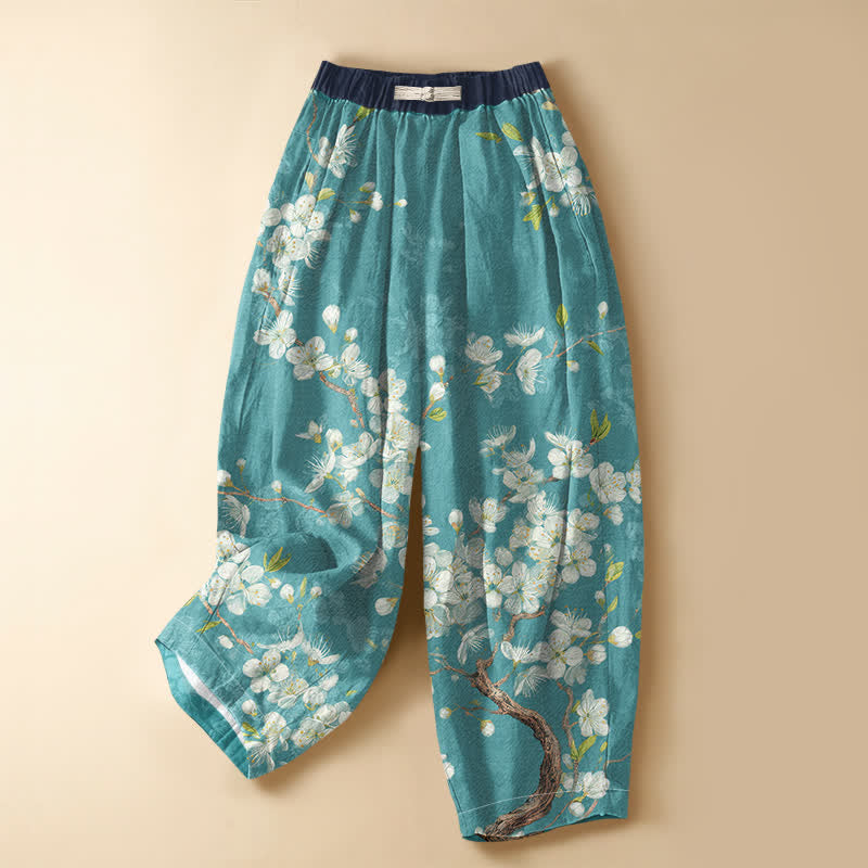Buddha Stones Pantalones harem de algodón puro con estampado floral vintage, botones de rana, cintura elástica y bolsillos para mujer. - Turquesa medio - US16，UK/AU20，EU48 (3XL) - image 0