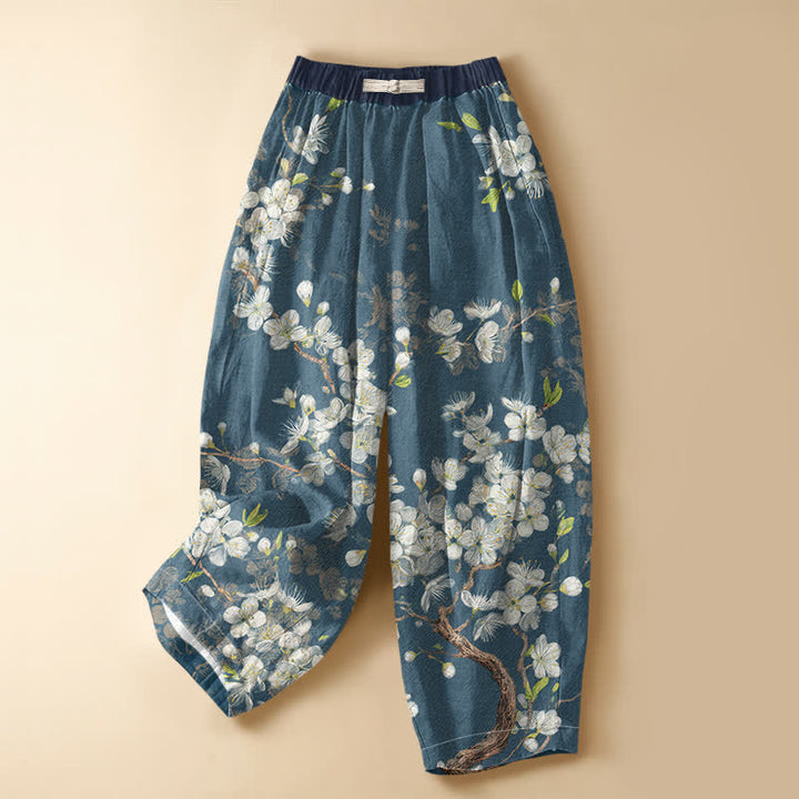 Buddha Stones Pantalones harem de algodón puro con estampado floral vintage, botones de rana, cintura elástica y bolsillos para mujer. - Azul acero - US16，UK/AU20，EU48 (3XL) - image 5