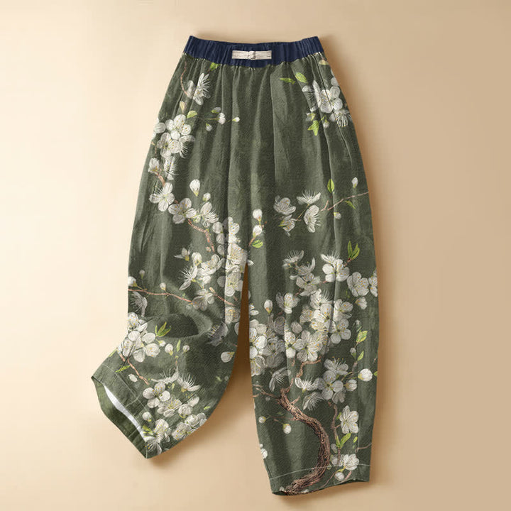 Buddha Stones Pantalones harem de algodón puro con estampado floral vintage, botones de rana, cintura elástica y bolsillos para mujer. - Verde oliva oscuro - US16，UK/AU20，EU48 (3XL) - image 7