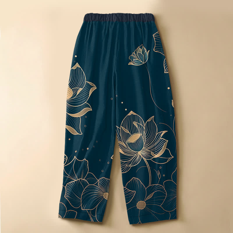Buddha Stones Pantalones harem de mujer con cintura elástica, bolsillos y estampado de flor de loto, de algodón puro. - image 1
