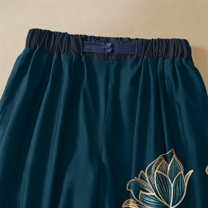 Buddha Stones Pantalones harem de mujer con cintura elástica, bolsillos y estampado de flor de loto, de algodón puro. - image 2