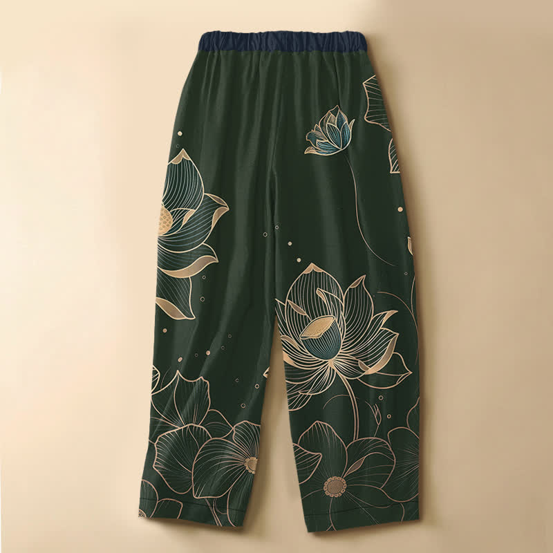 Buddha Stones Pantalones harem de mujer con cintura elástica, bolsillos y estampado de flor de loto, de algodón puro. - image 6