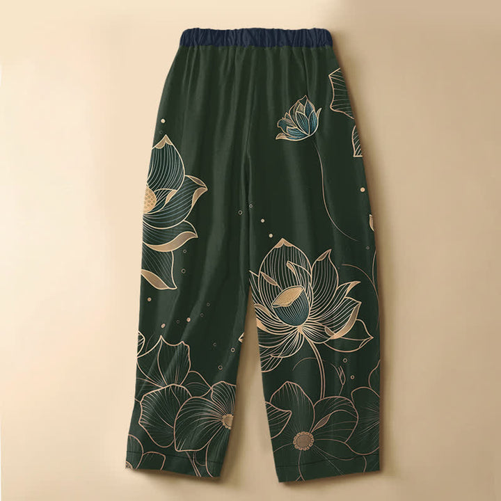 Buddha Stones Pantalones harem de mujer con cintura elástica, bolsillos y estampado de flor de loto, de algodón puro. - image 6