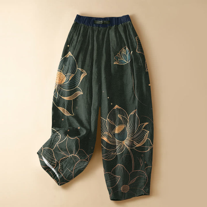 Buddha Stones Pantalones harem de mujer con cintura elástica, bolsillos y estampado de flor de loto, de algodón puro. - Verde oscuro - US16，UK/AU20，EU48 (3XL) - image 5