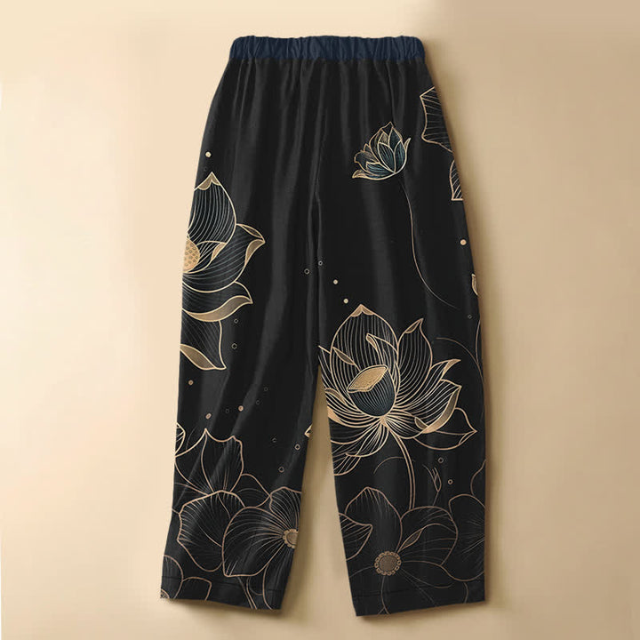 Buddha Stones Pantalones harem de mujer con cintura elástica, bolsillos y estampado de flor de loto, de algodón puro. - image 8
