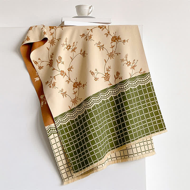Buddha Stones Chal vintage de primavera y otoño con estampado floral de enredaderas y cuadros. - image 1