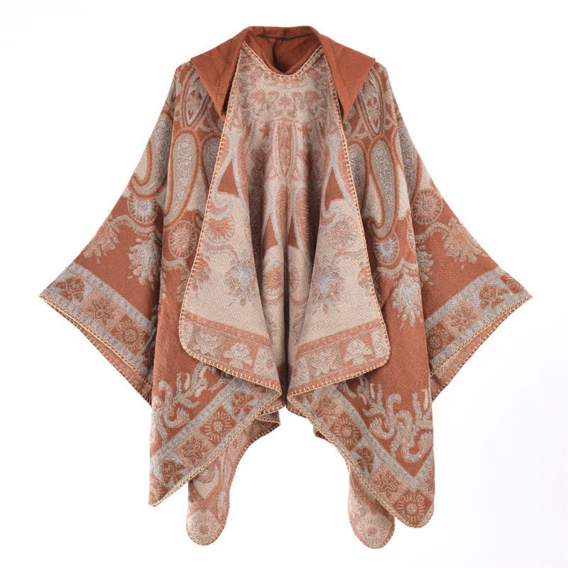 Buddha Stones Poncho estilo boho geométrico con capucha y estampado paisley para otoño/invierno. - Sandy Brown - 130*150 cm - image 6