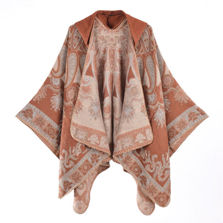 Buddha Stones Poncho estilo boho geométrico con capucha y estampado paisley para otoño/invierno. - Sandy Brown - 130*150 cm - image 6