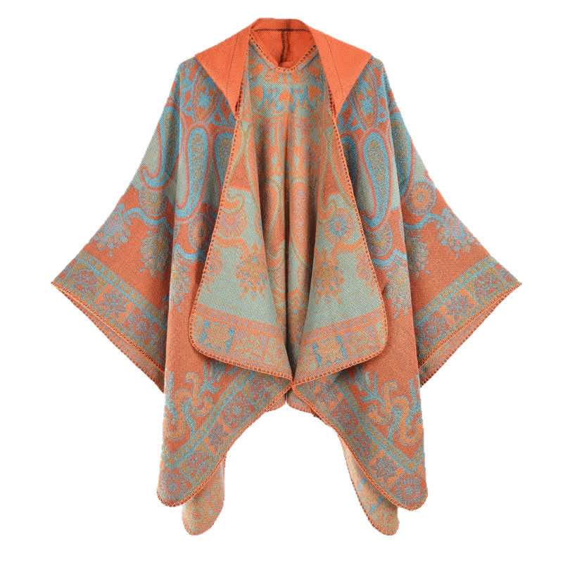 Buddha Stones Poncho estilo boho geométrico con capucha y estampado paisley para otoño/invierno. - image 3