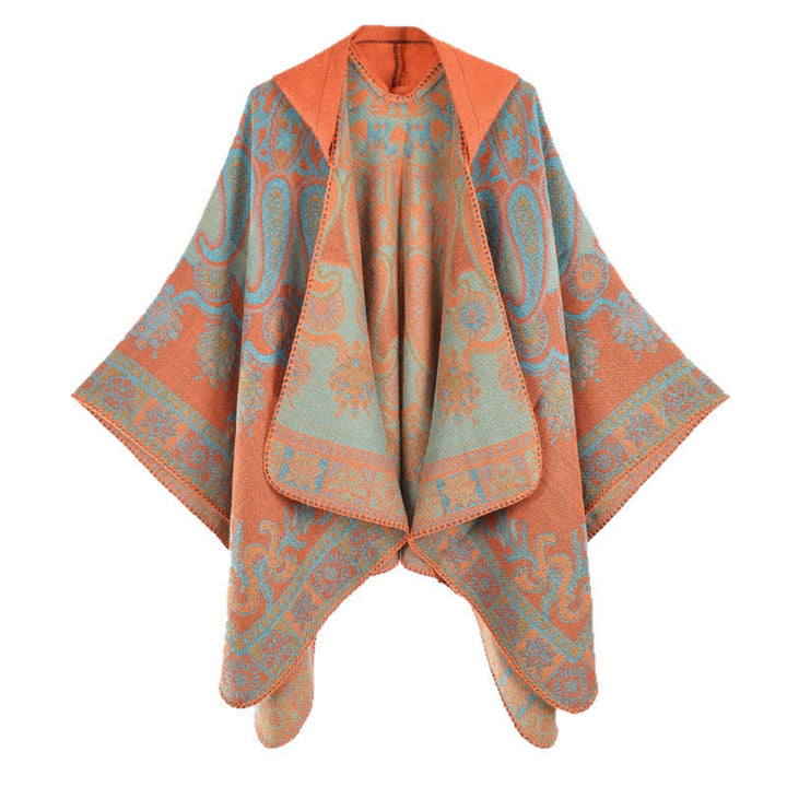 Buddha Stones Poncho estilo boho geométrico con capucha y estampado paisley para otoño/invierno. - image 3