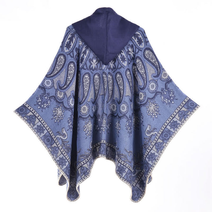 Buddha Stones Poncho estilo boho geométrico con capucha y estampado paisley para otoño/invierno. - image 1