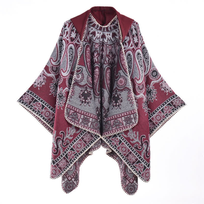 Buddha Stones Poncho estilo boho geométrico con capucha y estampado paisley para otoño/invierno. - borgoña - 130*150 cm - image 4