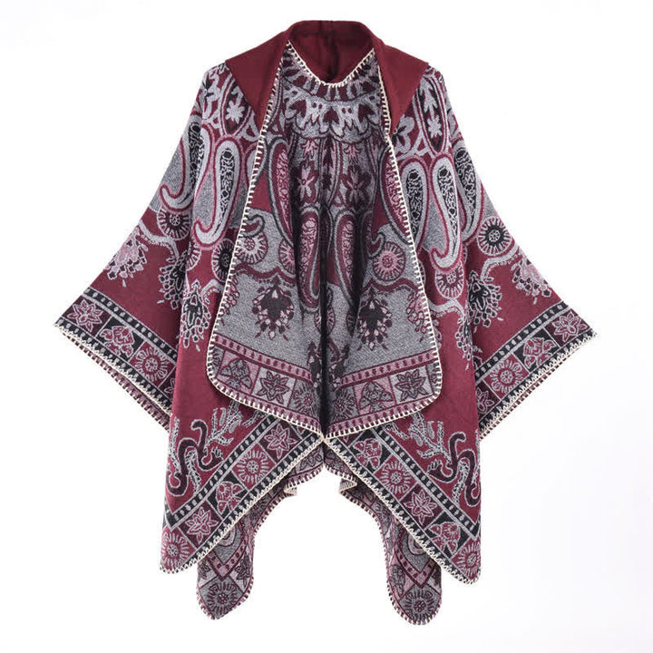 Buddha Stones Poncho estilo boho geométrico con capucha y estampado paisley para otoño/invierno. - borgoña - 130*150 cm - image 4