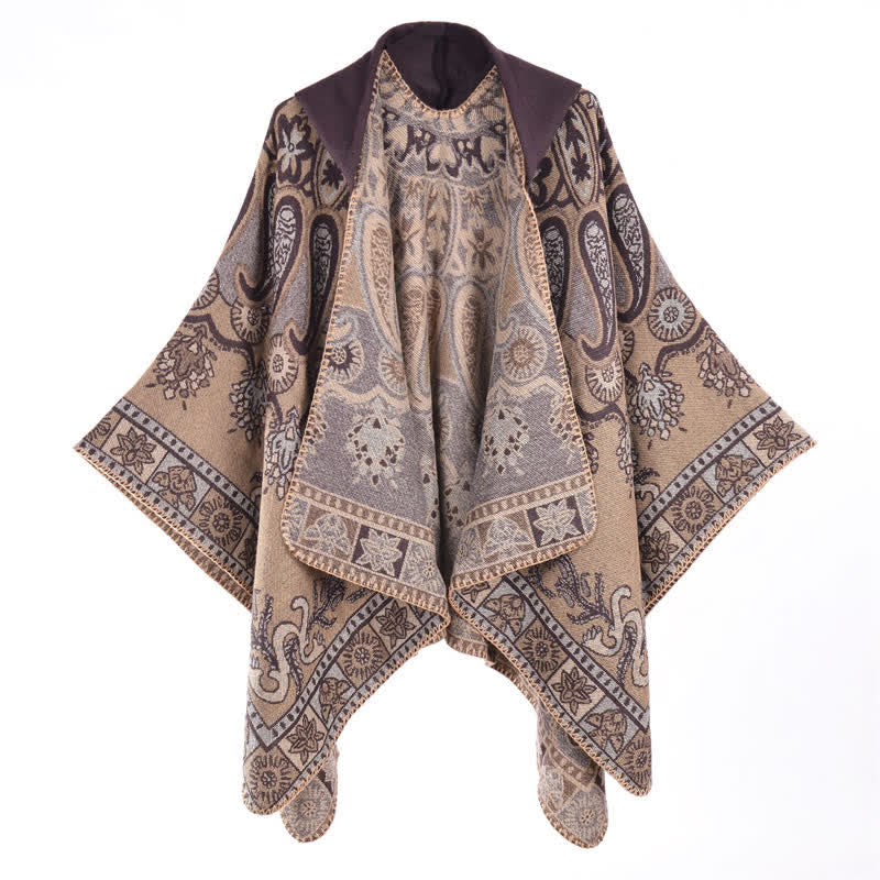 Buddha Stones Poncho estilo boho geométrico con capucha y estampado paisley para otoño/invierno. - Tierra de siena - 130*150 cm - image 7