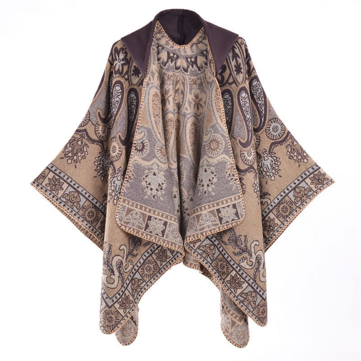 Buddha Stones Poncho estilo boho geométrico con capucha y estampado paisley para otoño/invierno. - Tierra de siena - 130*150 cm - image 7