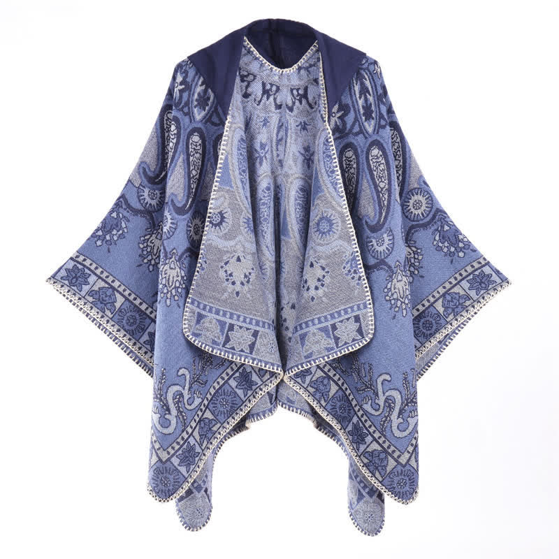 Buddha Stones Poncho estilo boho geométrico con capucha y estampado paisley para otoño/invierno. - Azul aciano - 130*150 cm - image 0