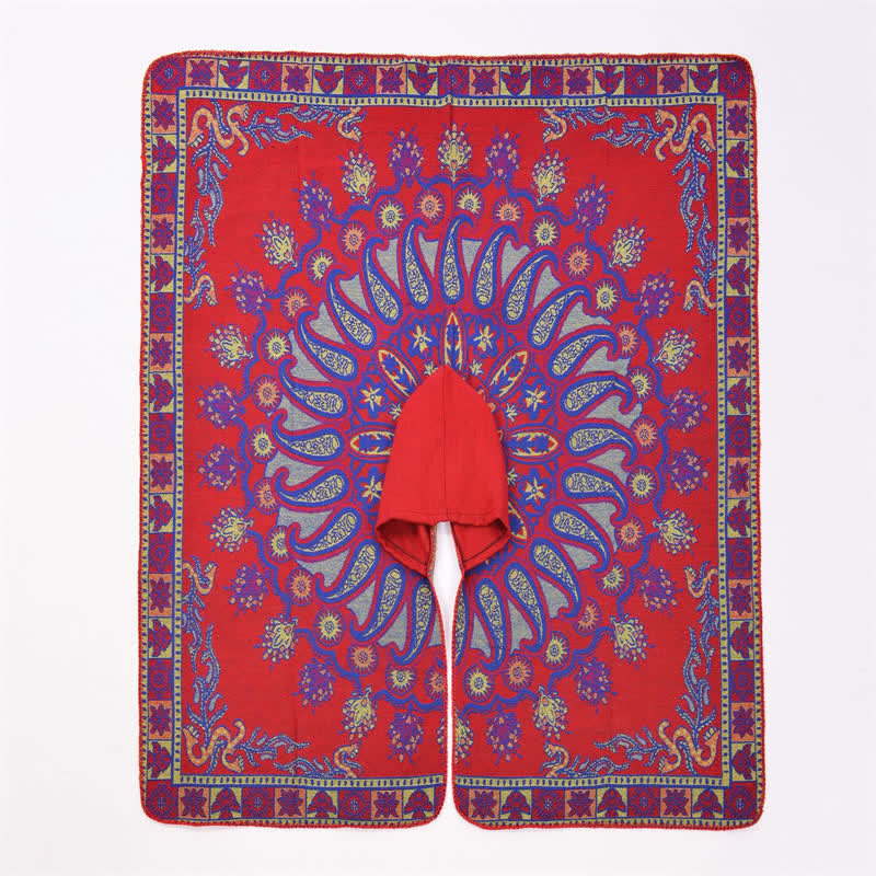Buddha Stones Poncho estilo boho geométrico con capucha y estampado paisley para otoño/invierno. - image 16