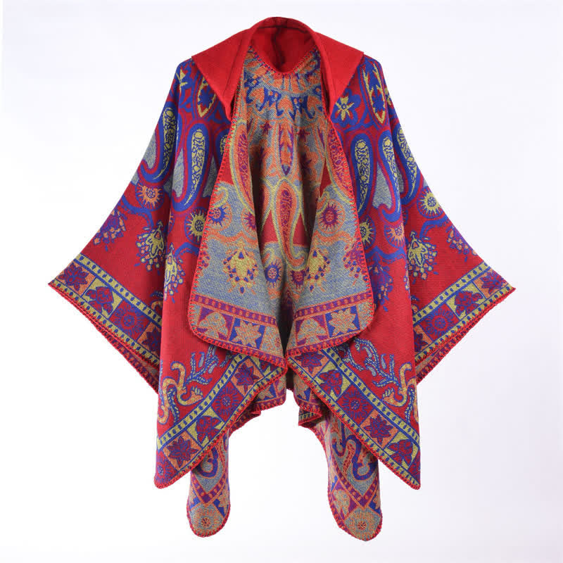 Buddha Stones Poncho estilo boho geométrico con capucha y estampado paisley para otoño/invierno. - Carmesí - 130*150 cm - image 2