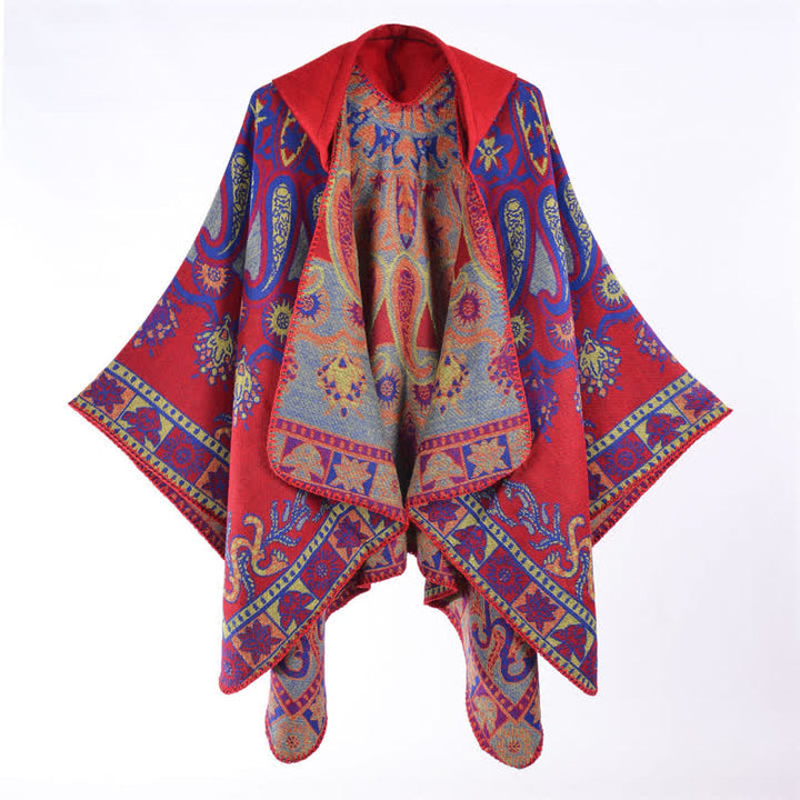 Buddha Stones Poncho estilo boho geométrico con capucha y estampado paisley para otoño/invierno. - Carmesí - 130*150 cm - image 2
