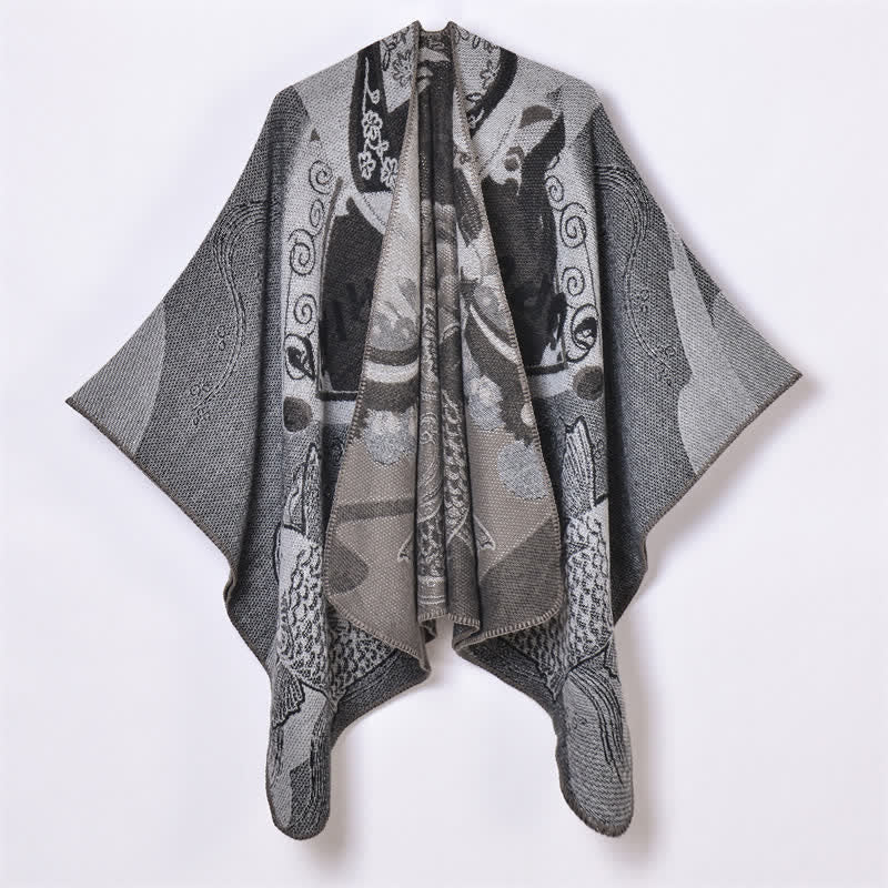Buddha Stones Chal suave drapeado oriental con estampado de nubes de peces koi para otoño e invierno. - Gris oscuro - 130x150cm - image 10