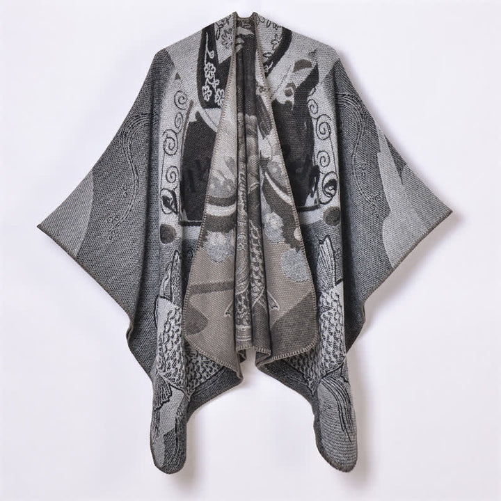 Buddha Stones Chal suave drapeado oriental con estampado de nubes de peces koi para otoño e invierno. - Gris oscuro - 130x150cm - image 10