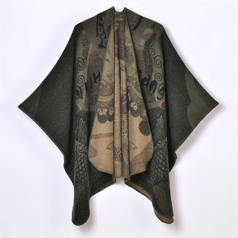 Buddha Stones Chal suave drapeado oriental con estampado de nubes de peces koi para otoño e invierno. - Negro - 130x150cm - image 5