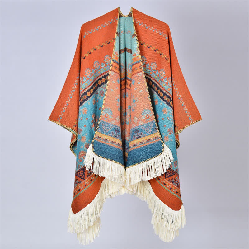 Buddha Stones Chal con borlas de estampado floral geométrico estilo boho para otoño/invierno - Flor de naranja - 155*136 cm - image 26