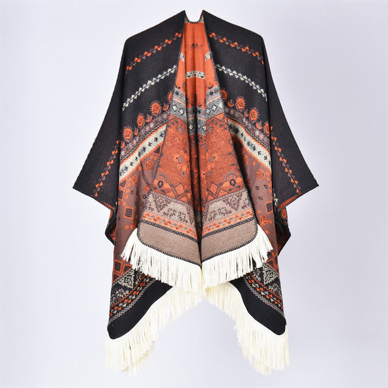 Buddha Stones Chal con borlas de estampado floral geométrico estilo boho para otoño/invierno - Flor Naranja Negra - 155*136 cm - image 30