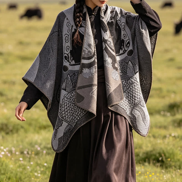 Buddha Stones Chal suave drapeado oriental con estampado de nubes de peces koi para otoño e invierno. - image 11