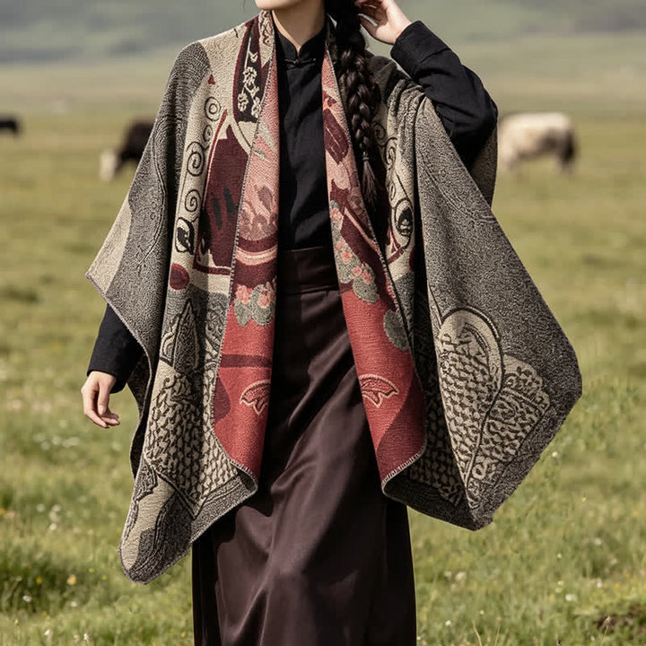 Buddha Stones Chal suave drapeado oriental con estampado de nubes de peces koi para otoño e invierno. - image 16