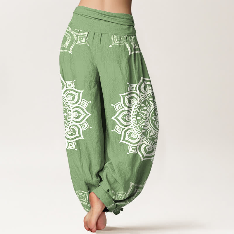 Buddha Stones Pantalones harem de mujer con cintura elástica, estampado floral mandala blanco, de algodón puro. - image 1