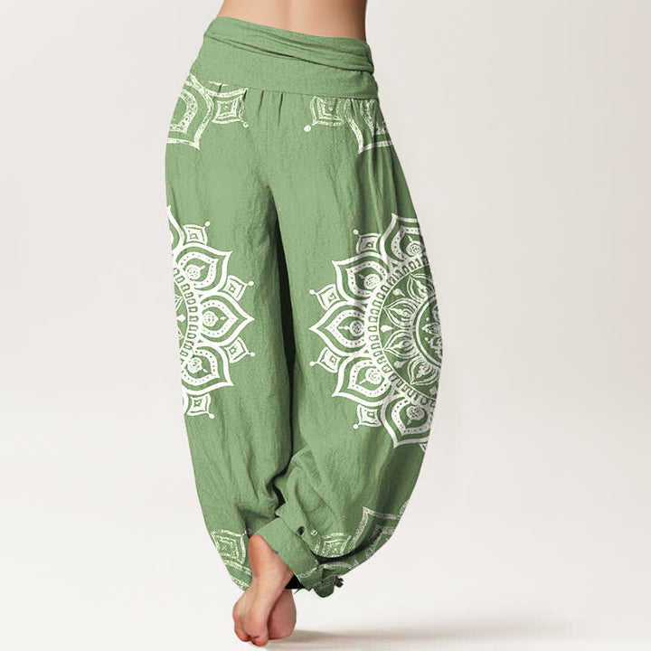 Buddha Stones Pantalones harem de mujer con cintura elástica, estampado floral mandala blanco, de algodón puro. - image 1