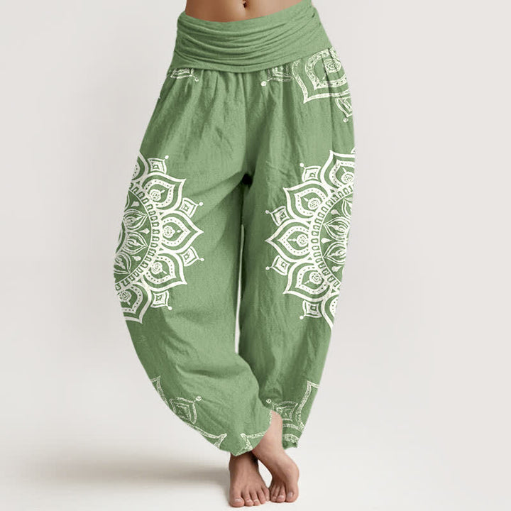 Buddha Stones Pantalones harem de mujer con cintura elástica, estampado floral mandala blanco, de algodón puro. - Verde claro - US16，UK/AU20，EU48 (3XL) - image 0