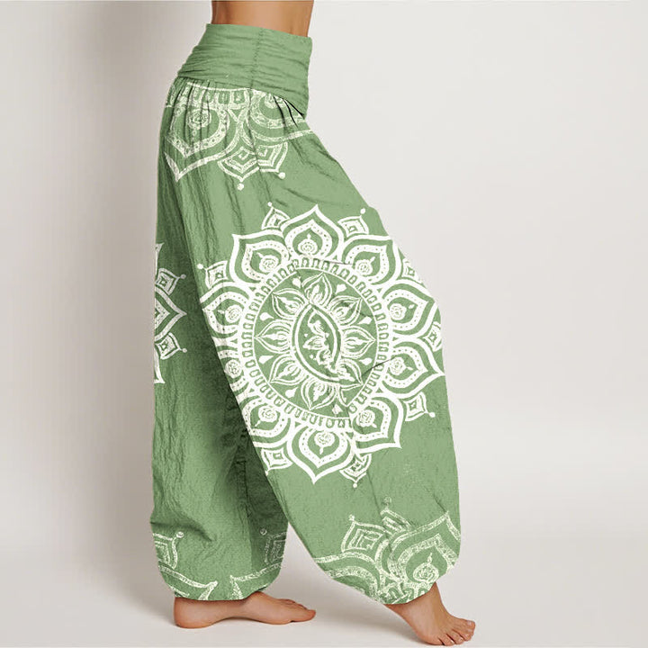 Buddha Stones Pantalones harem de mujer con cintura elástica, estampado floral mandala blanco, de algodón puro. - image 2