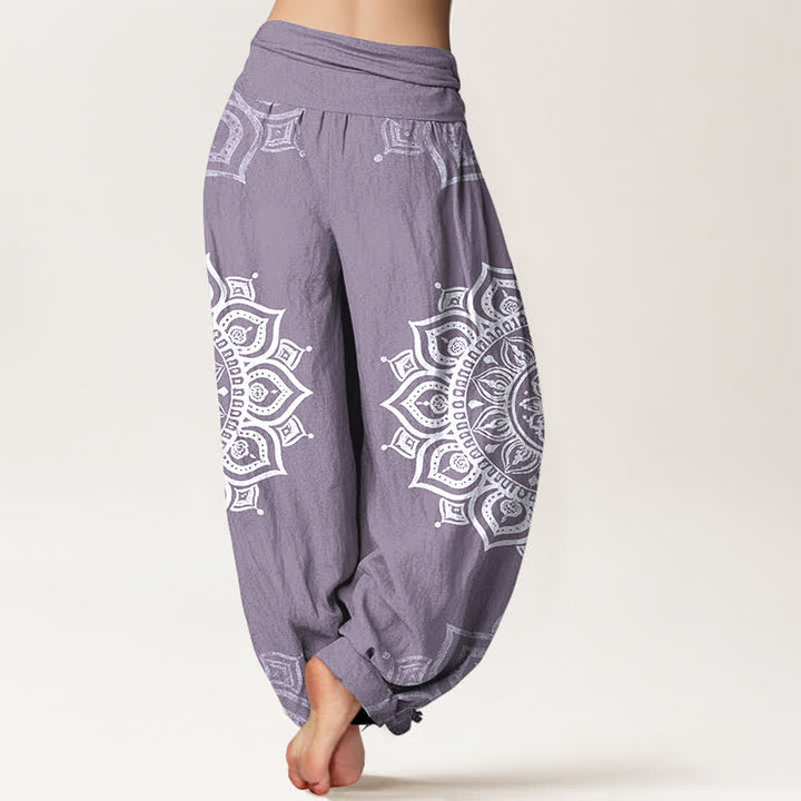 Buddha Stones Pantalones harem de mujer con cintura elástica, estampado floral mandala blanco, de algodón puro. - image 6
