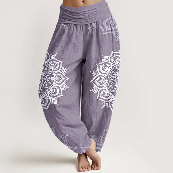 Buddha Stones Pantalones harem de mujer con cintura elástica, estampado floral mandala blanco, de algodón puro. - Morado medio - US16，UK/AU20，EU48 (3XL) - image 5