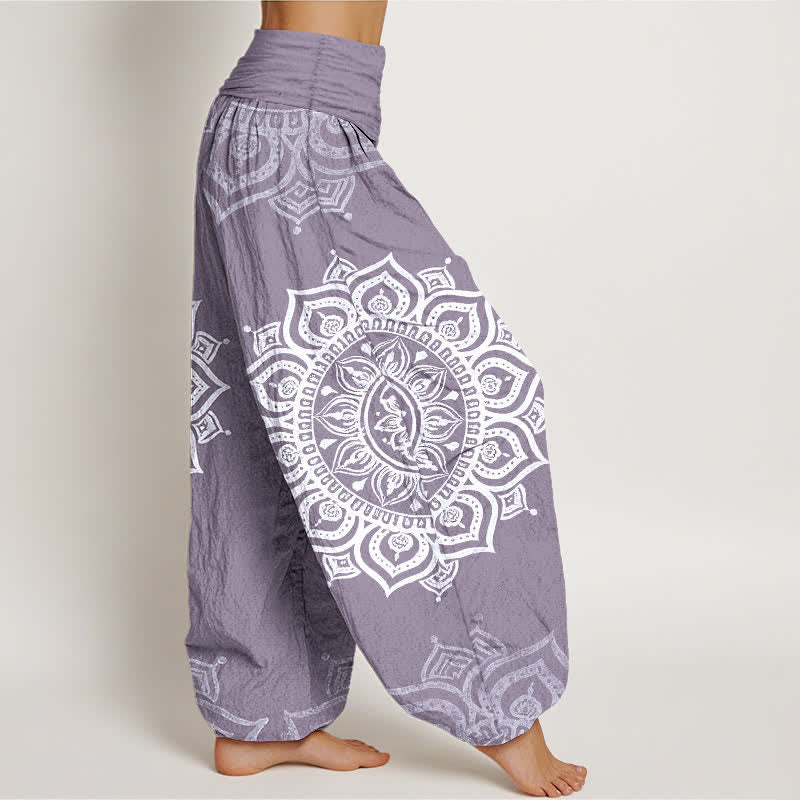 Buddha Stones Pantalones harem de mujer con cintura elástica, estampado floral mandala blanco, de algodón puro. - image 7