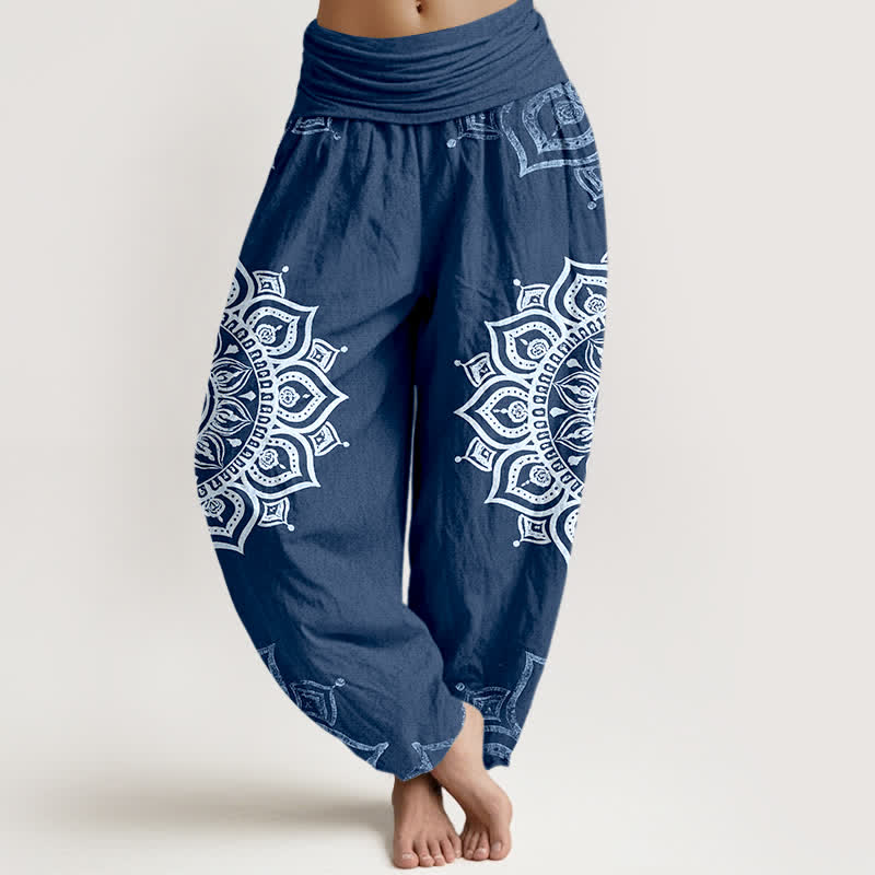 Buddha Stones Pantalones harem de mujer con cintura elástica, estampado floral mandala blanco, de algodón puro. - Azul acero - US16，UK/AU20，EU48 (3XL) - image 8