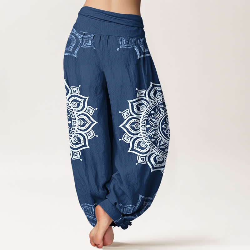 Buddha Stones Pantalones harem de mujer con cintura elástica, estampado floral mandala blanco, de algodón puro. - image 9