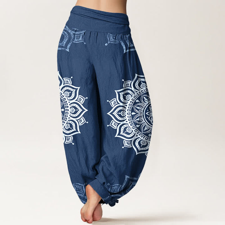 Buddha Stones Pantalones harem de mujer con cintura elástica, estampado floral mandala blanco, de algodón puro. - image 9