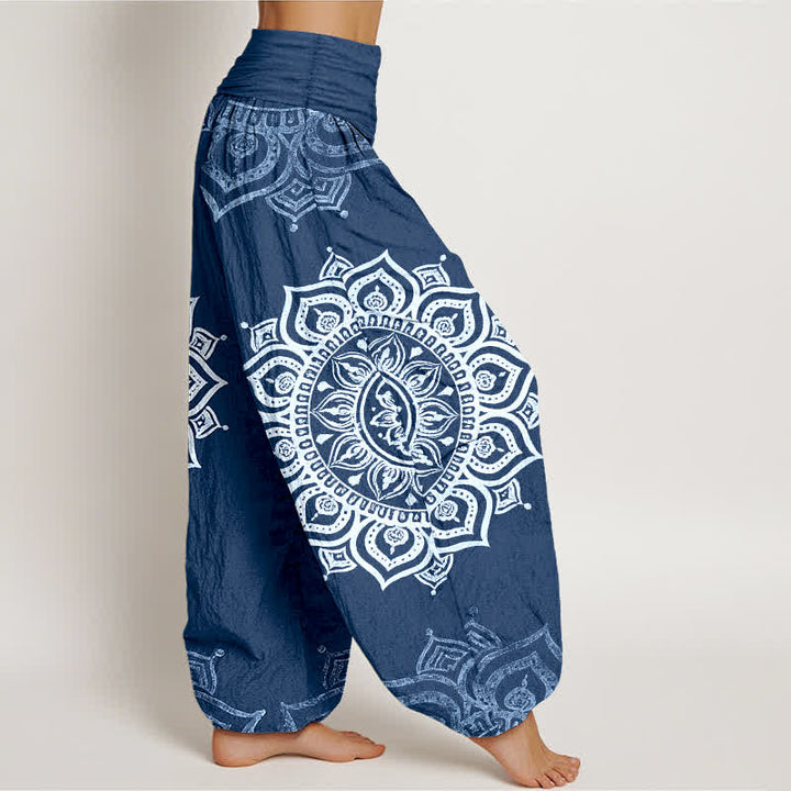 Buddha Stones Pantalones harem de mujer con cintura elástica, estampado floral mandala blanco, de algodón puro. - image 10